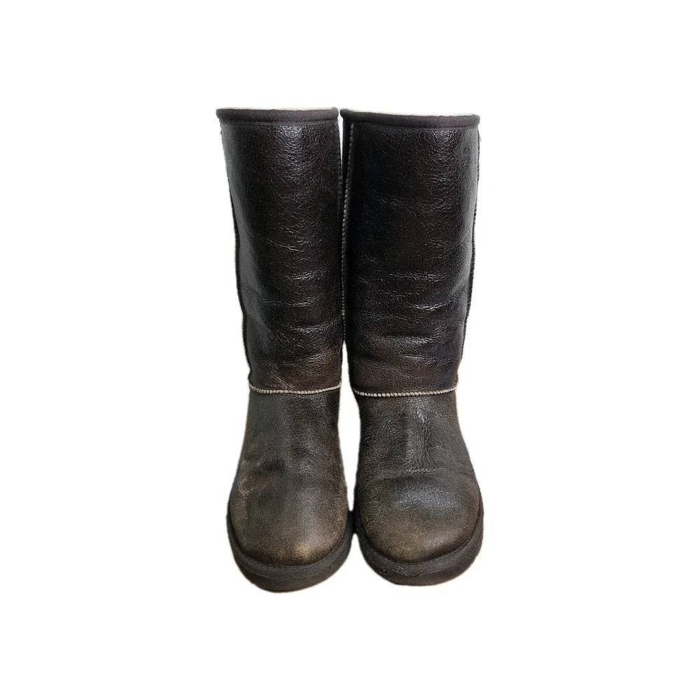 Uggs Tall Bomber 5804 Brown Leather Sheepskin‎ Lined Womens 6 Boots Warm Winter